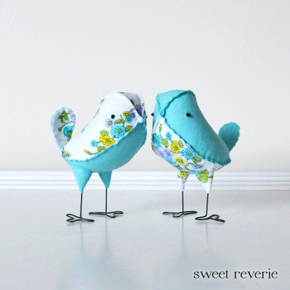 Wedding Cake Topper Birds - Mini Aqua Turquoise Garden Bouquet Floral Love Birds, Spring Summer Wedding - Ready to Ship
