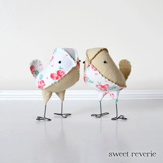 Wedding Cake Topper Birds - Vintage Red Cherries and Cream Love Birds, Spring Summer Wedding - Ready to Ship