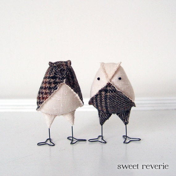 Fabric Bird Wedding Cake Topper - Mini Brown Tweed and Tan Love Birds, Neutral Rustic Winter Wedding Decor Bird Pair - Ready to Ship