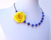 Yellow Rose and Royal Blue Stone Necklace, Yellow and Blue Flower necklace,  Yellow Blue Bridal Necklace