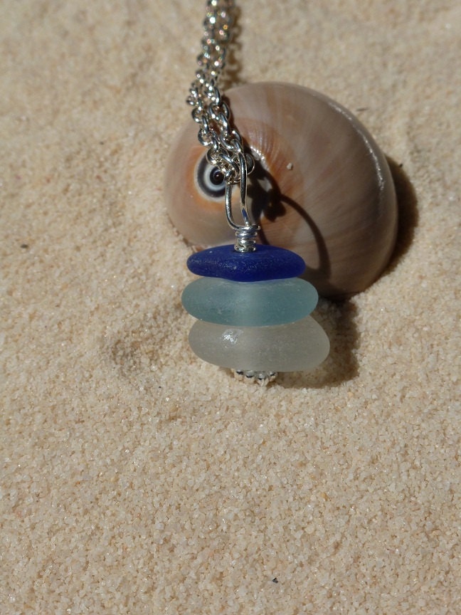 Stacked cobalt blue, aqua and white sea glass necklace