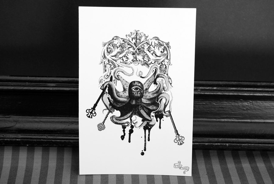 Digital art print card -  Victorian octopus with skeleton keys, digital collage by Vae Nox