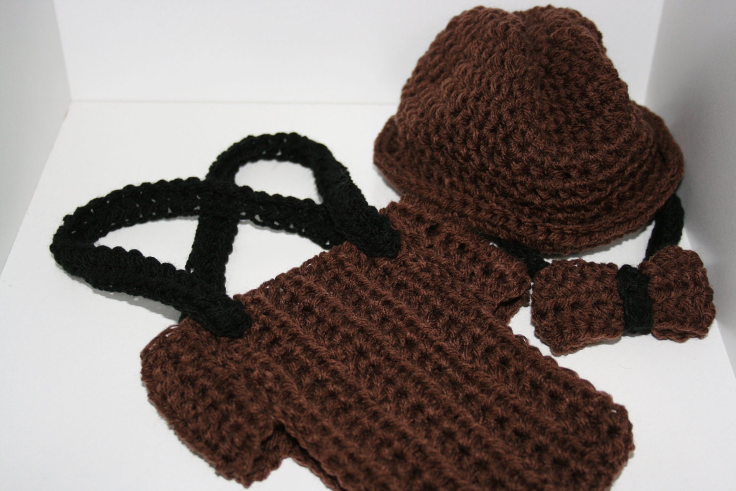 Mr. Man outfit costume photo prop. Newborn crochet baby gift set. Boy. Brown and black.