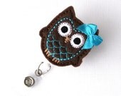 Chocolate Teal Owl - Name Badge Holder - Cute Badge Reels - Unique Retractable ID Badge Holder - Felt Badge Reel - RN Badge - BadgeBlooms