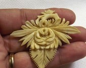 Vintage Carved Brooch, Bone Pin, Flower Design, Intricate