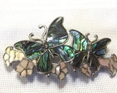 Vintage  Barrette, Abalone Inlay, Mother of Pearl Inlay, Butterfly, Flower, Bridal