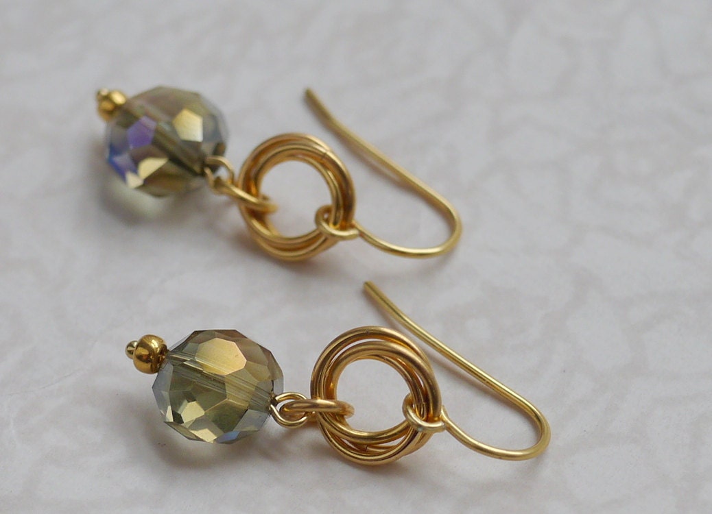 24k Gold Earrings with Crystal Golden Faceted Bead Earrings -- Gold Chainmaille Earrings