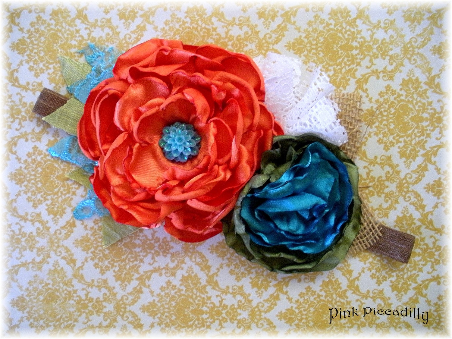 M2M Persnickety Farmers Market Collection 2013-Orange-Turqouise-Olive-Sable Brown-White Lace- Cluster Flower Headband