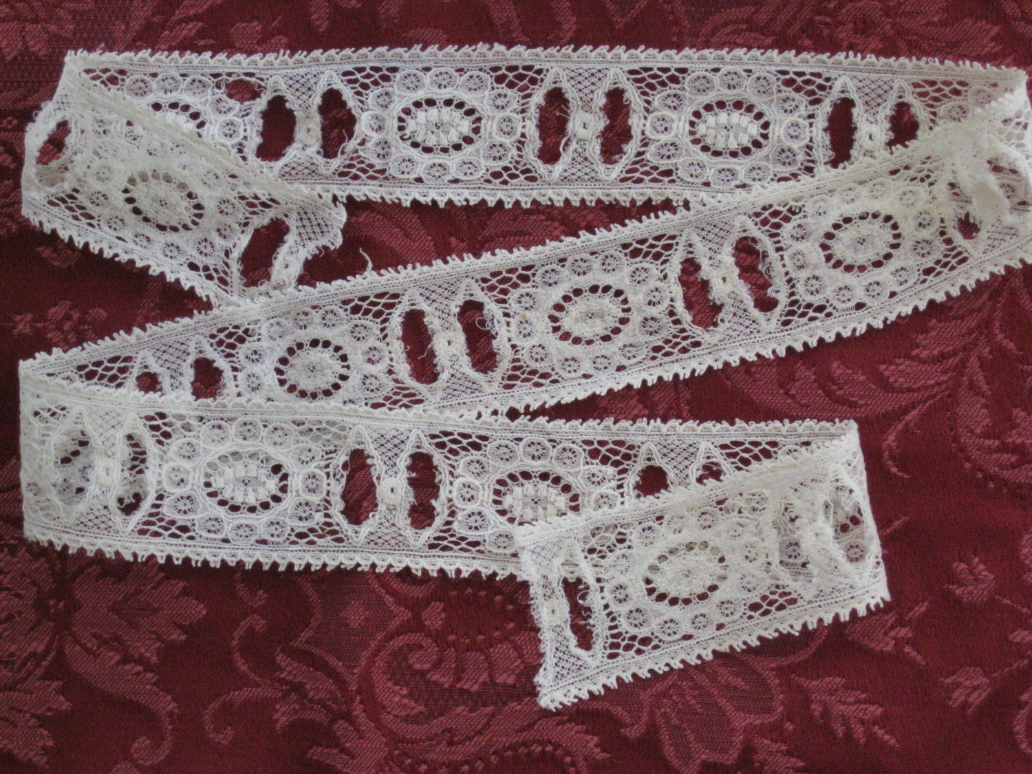 1 Yard of Gorgeous Antique Cream Beading Lace Trim - Silk & Cotton - For Ribbon Threading - Vintage Supplies