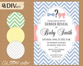 PRINTABLE 5x7" Baby Shower Invitation, Gender Reveal Party Invitation - Bow tie or Bow - polka dots, stripes, chevron - custom color - 239