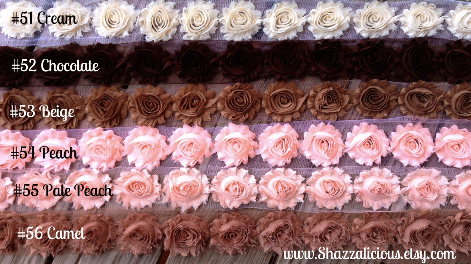 1 Yard Shabby Chiffon Flowers YOU PICK 2 colors in 1/2 yard increments beautiful rosettes wholesale baby headband supply