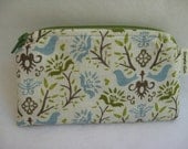 Small Wallet in Folk Art Print Bird Fabric in Blue and Green with Blue Damask Lining