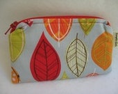 Small Zippered Wallet in Red, Orange and Green Leaves Print with Chevron Lining in Mist