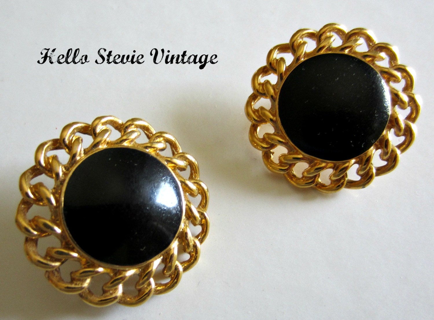 Vintage Earrings: Gold and Black Earrings Round Classic Post Back Earrings