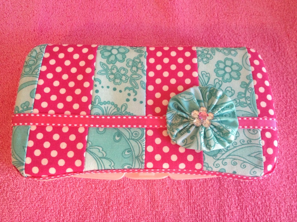 Boutique-Style Handmade Travel Baby Wipe Case, Bright pink Teal design with flower
