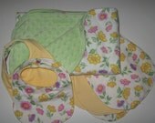 baby girl gift set, green minky blanket, 2 contoured burp cloths, 2 flannel bibs, butterfly and flower nursery bedding, stroller blanket