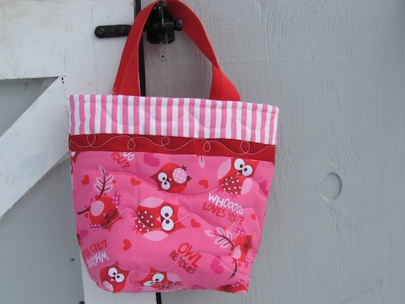 Valentine's day gift,  owl tote bag,  toy tote, kids tote bag, hearts and pink Valentines owls, book bag