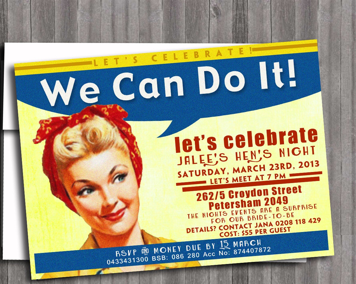 Retro Rosie the Riveter Vintage Pin Up Girl Invitation- Bachelorette party, Hens night, Lingerie Shower print file Printed OPTIONAL