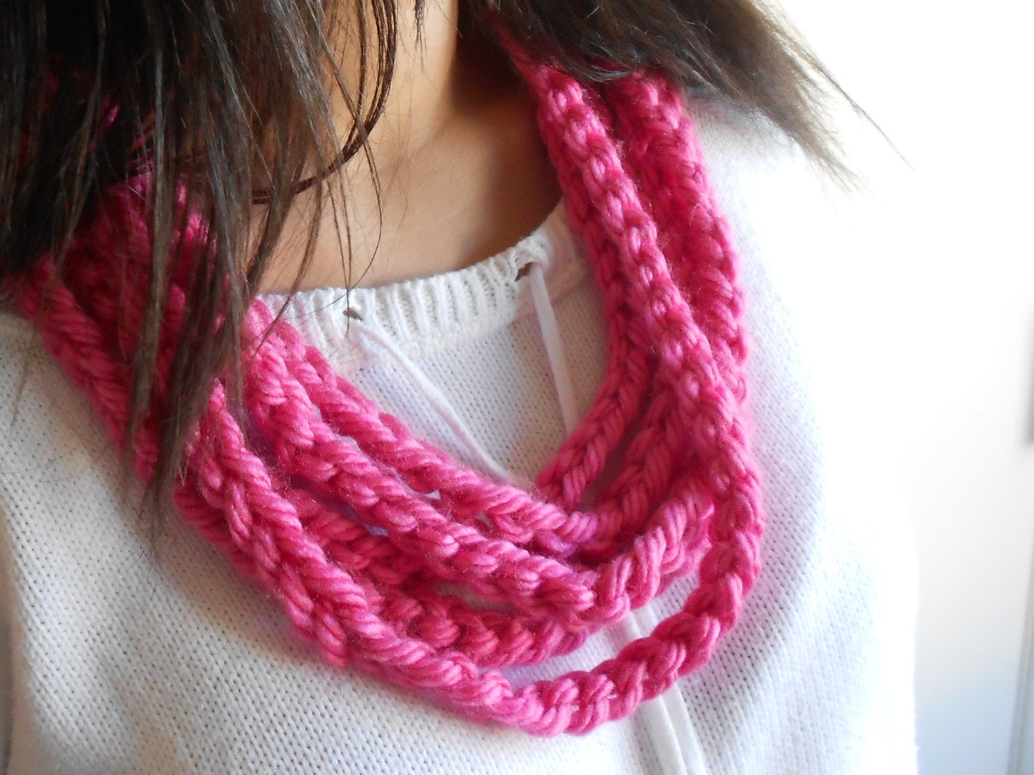 Crochet Hot Pink  Stunning Yarn Scarf Infinity Scarf Yarn Necklace In Bright Rasberry Crocheted Pink