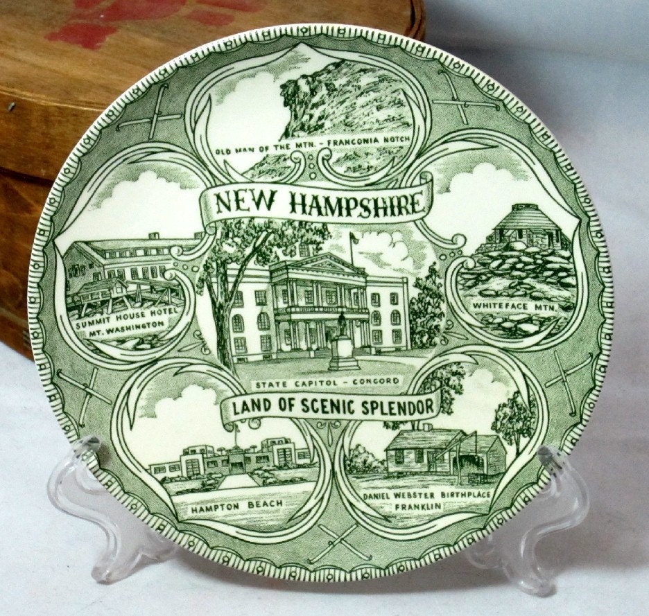 Vintage NEW HAMPSHIRE State Plate Land of Scenic Splendor Green Transferware 7-inch
