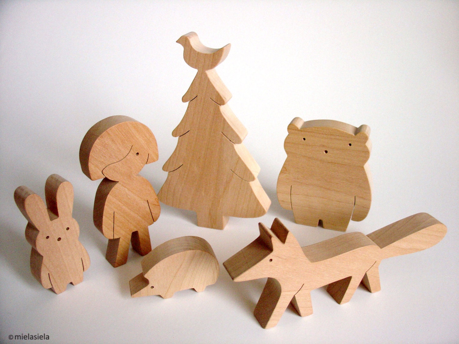 Wooden animals set - Girl, animals and tree - Woodland animals - wooden toy