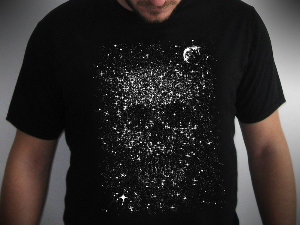 Men t shirt skull space black funny goth scary moon stars gothic
