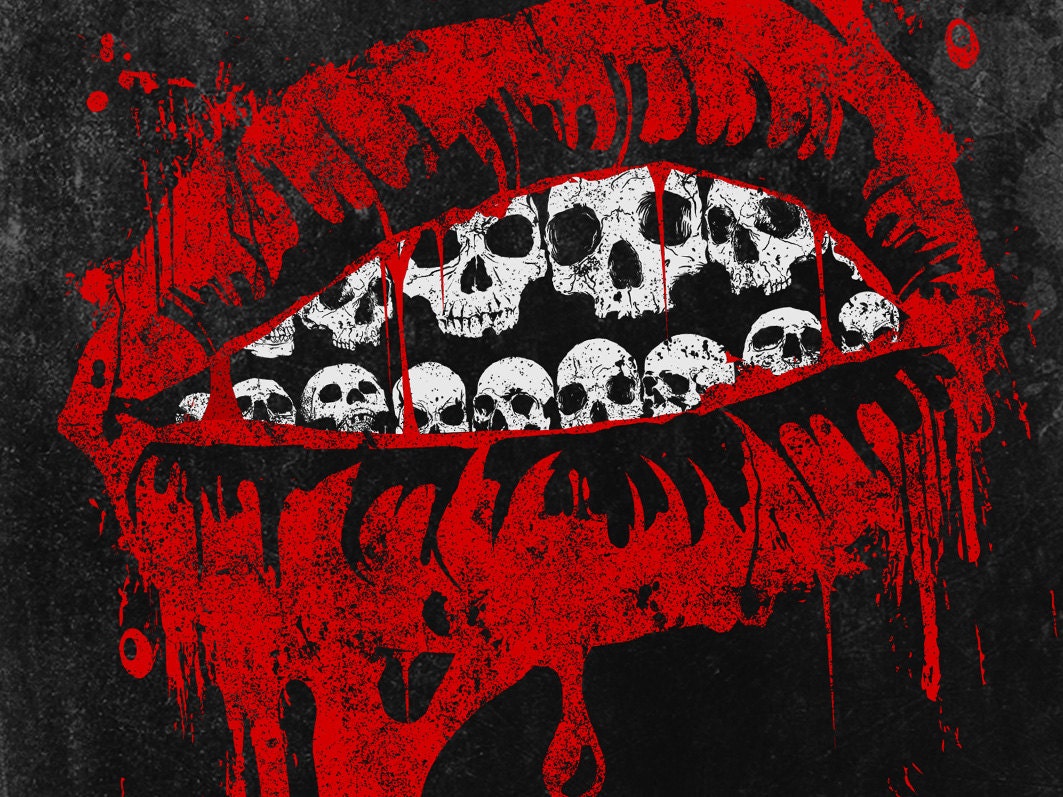 Original digital print skull lips red black white creepy horror blood goth art poster punk