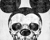 Original digital print mickey skull gray black white creepy horror blood goth art poster