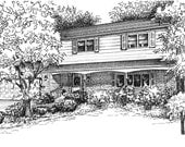 Portrait of house, drawn from photo in ink, including mat and ready to frame