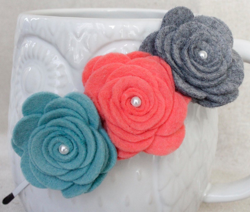 Spring Felt Flower Headband Teal, Coral & Grey Felt Roses with Metal Band