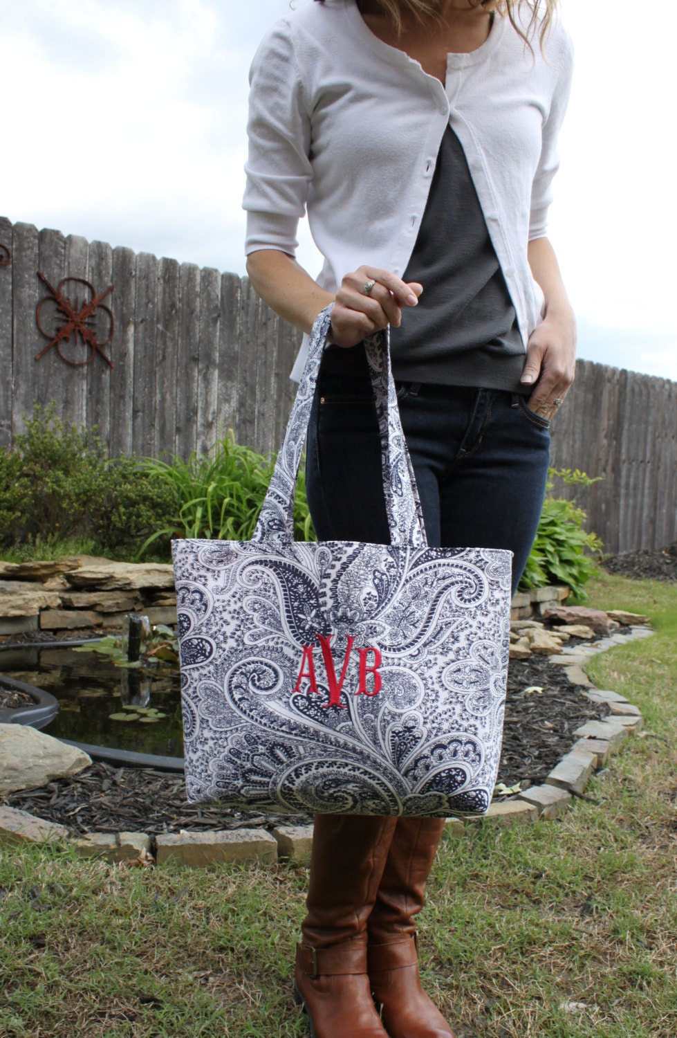 X-LARGE Navy blue and white PAISLEY Handbag/ Diaper Bag/ Purse/ Tote/ Beach Bag with Red Interior