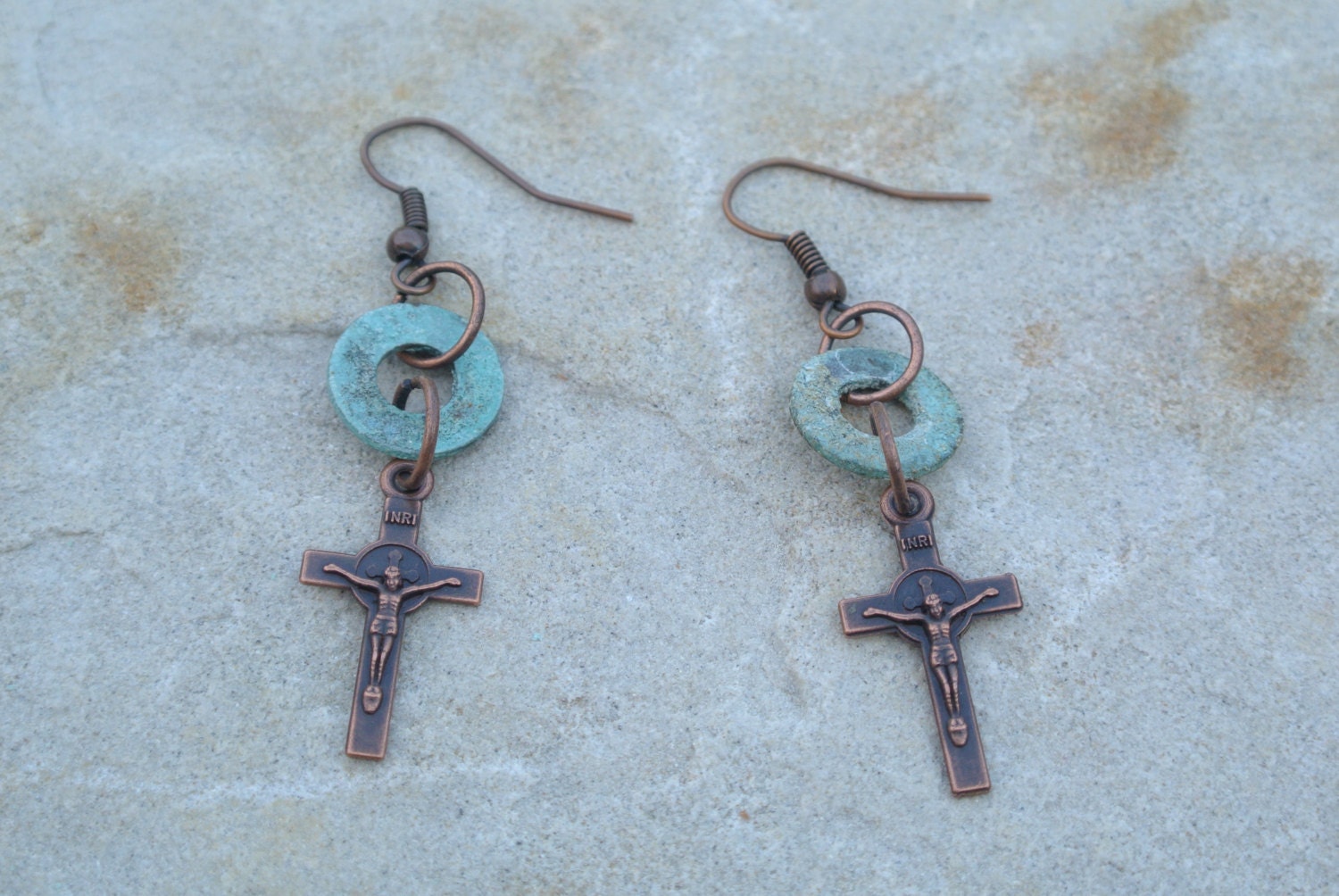 Washer Jewelry - Industrial Washer Earrings withTurquoise Washer and Cross