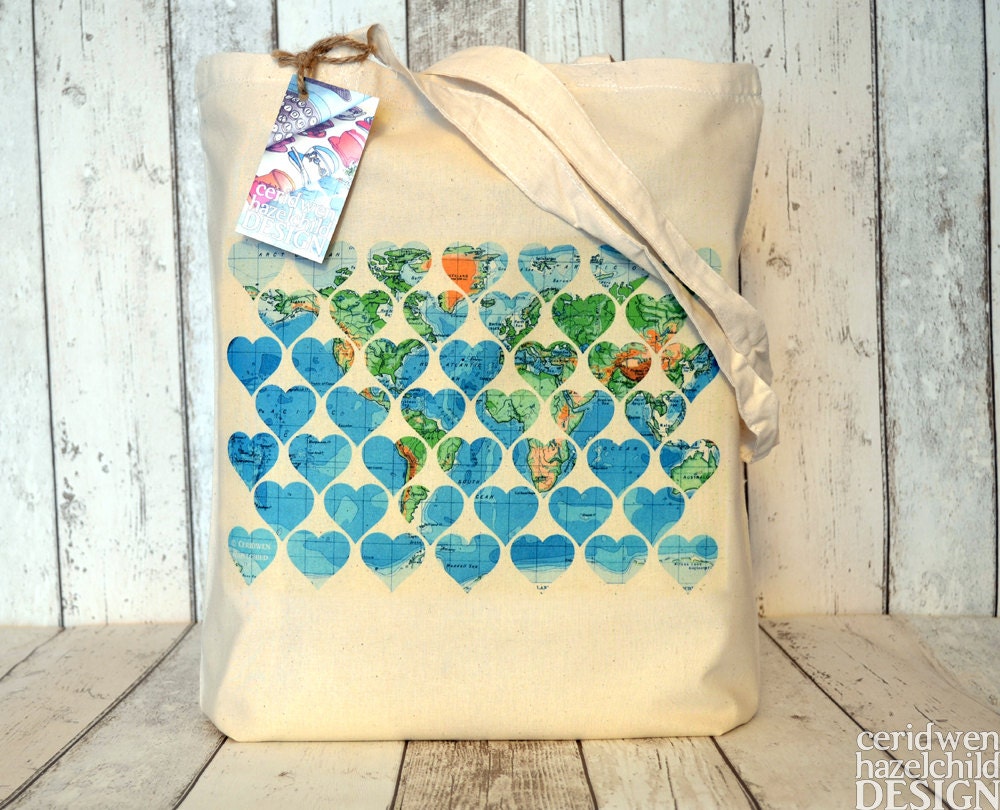 Vintage World Map Hearts Illustration Eco Cotton Tote Bag