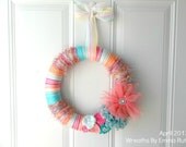 Yarn Wreath, Pink, Coral, peach, tiffany blue, teal, summer party girly wreath