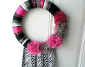 SALE Hot Pink Animal Print Zebra Yarn Wreath with Ribbon Extensions to hang bows