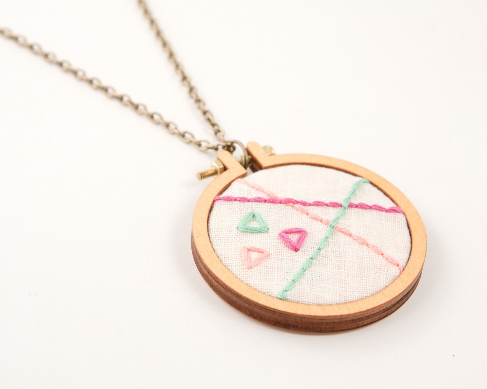 Embroidered abstract design necklace - back stitch - spearmint, pink and majenta - For The Love of Embroidery - by dandelyne