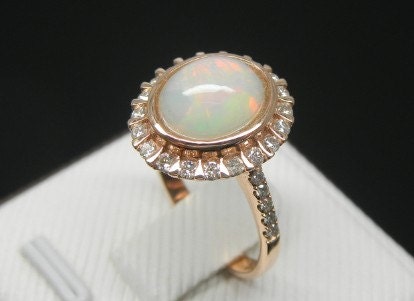 Engagement Ring -  3 Carat Opal Ring With Diamonds In 14K Rose Gold