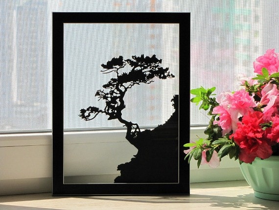 Tree on a Rock Handmade Original Papercut Gift: Hand-Cut Paper Art Silhouette (UNFRAMED)