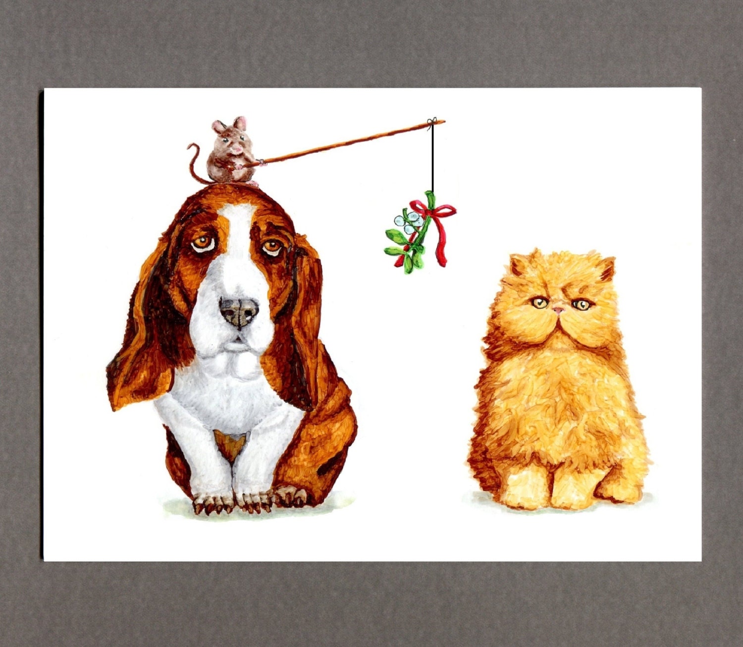 Mistletoe Basset Hound and Persian Cat, Christmas Greeting Card, 5x7 Illustration Print