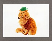 St Patricks Day Cat Card, 5x7 Greeting Card Print, Orange Cat with Pipe and Hat