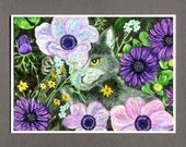 Spring Flower Garden Kitten, Greeting Card 5x7 Art Print