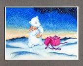Polar Bear Cub Greeting Card, Bunny Rabbit Gift, 5x7 Winter Illustration Art Print