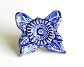 Lace Ceramic Cocktail Ring Oversized Royal Blue Butterfly Pottery Adjustable Silver Ring - Ceraminic