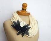 Ecru Infinity Scarf , Crochet Necklace, Ecru color, scarflette, gift under 30, Satin Flower