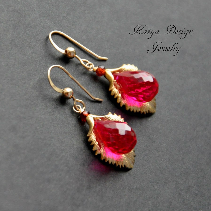 Earrings red spinel, gold filled, gold plated