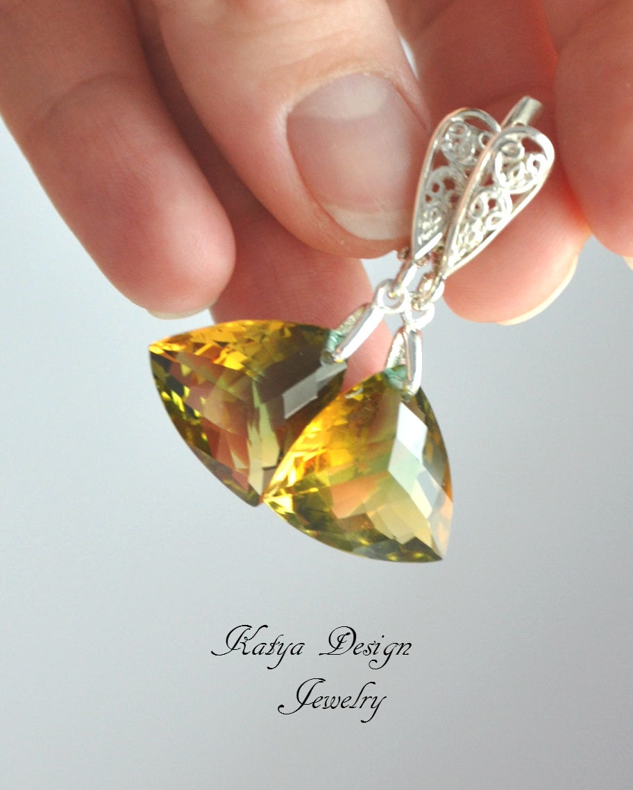 Earrings ametrine, sterling silver, leverback earrings, Trillion Briolette,Green Yellow Ametrine