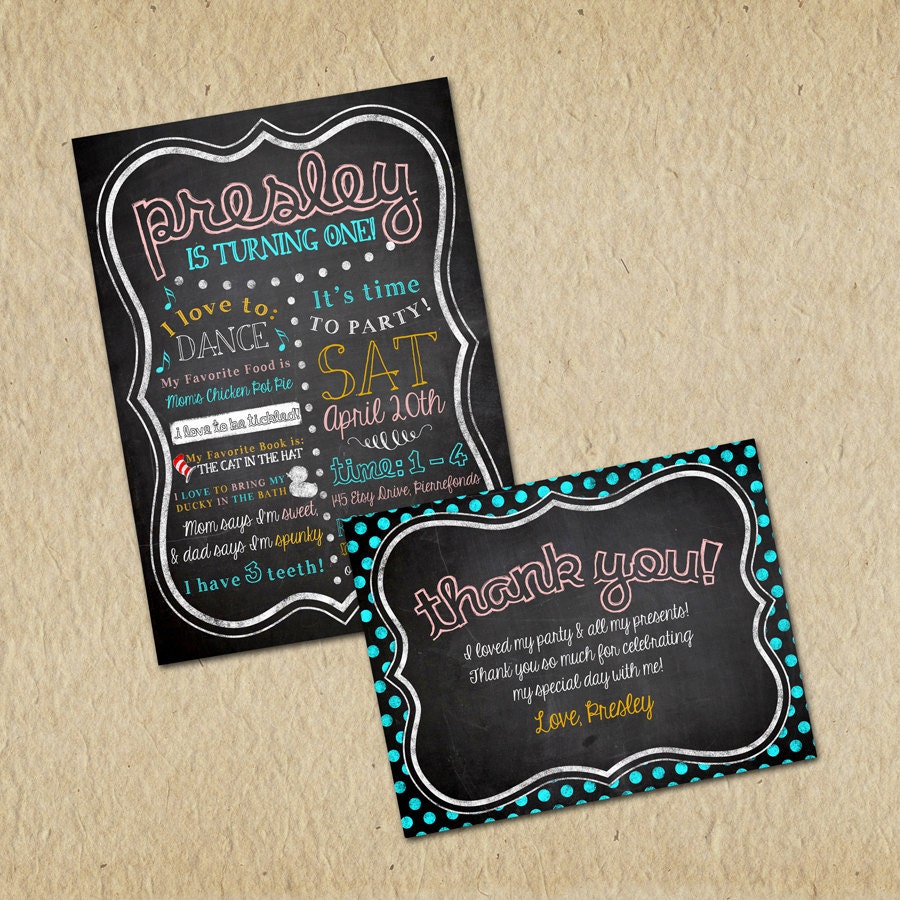 First Birthday Invitation & Thank U Card Set - My Favorite Things - Blackboard, Chalkboard - Custom, Digital, Printable Designs Il_170x135