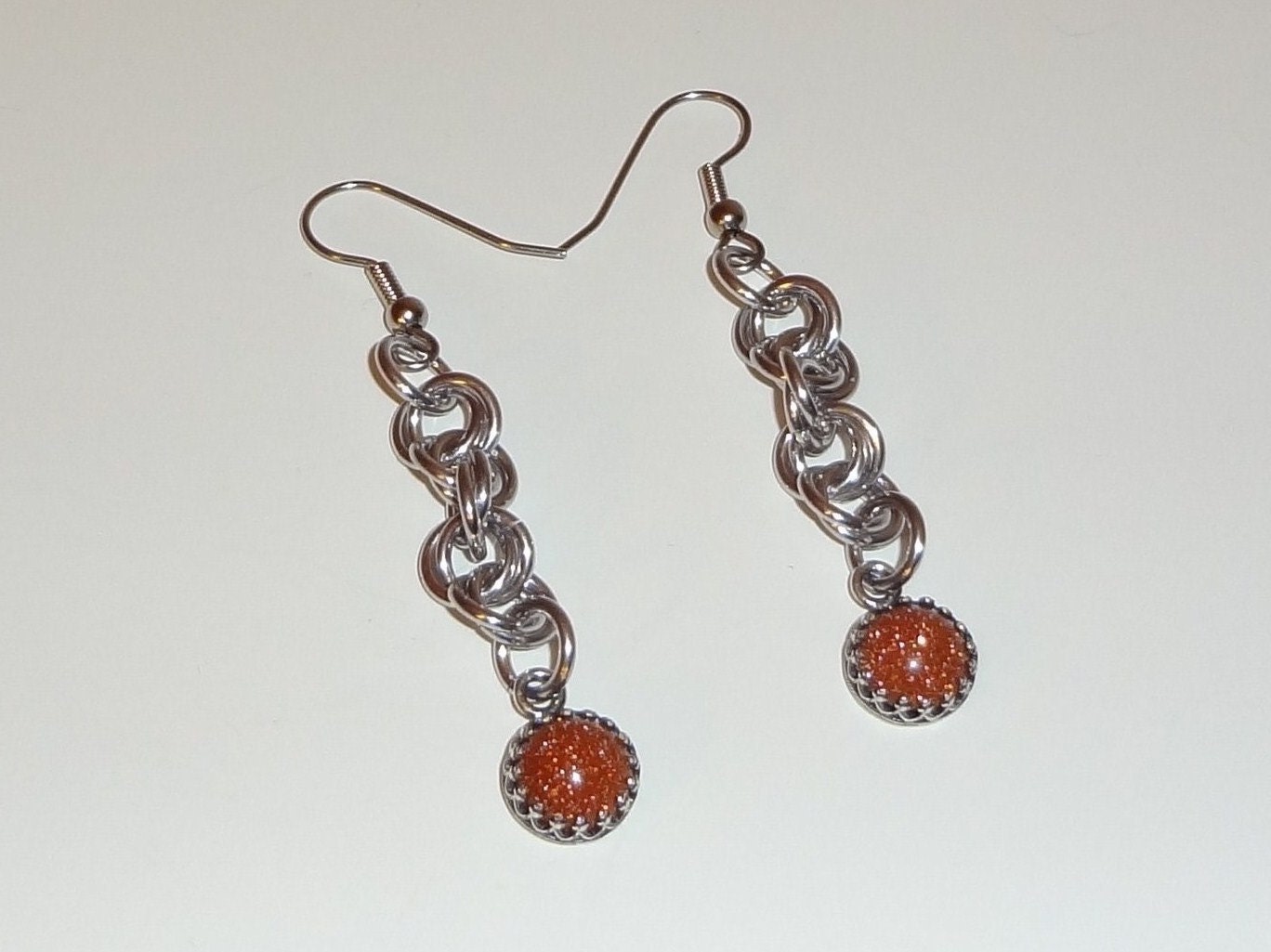 Bezel Set Goldstone Bead Dangle Chainmaille Earrings