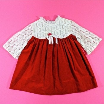 Vintage Girls 70's Red Velvet Dress size 3