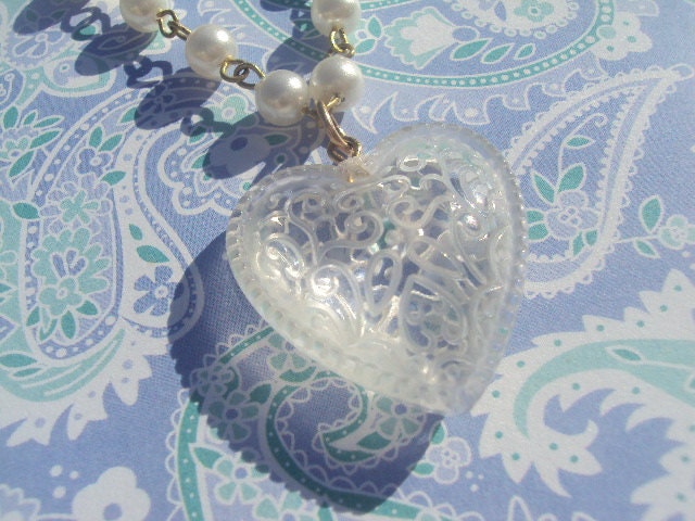 50% OFF SALE Vintage Lace Heart Pearl Necklace by Amanda Lynne LUXE